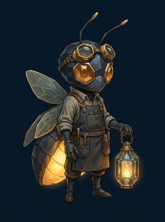 Glim, the firefly engineer — full-body view, lantern in hand