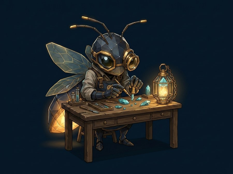 Glim at his workbench, building by lantern light