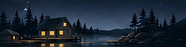 A lit lake house on a Michigan night, pines against the sky